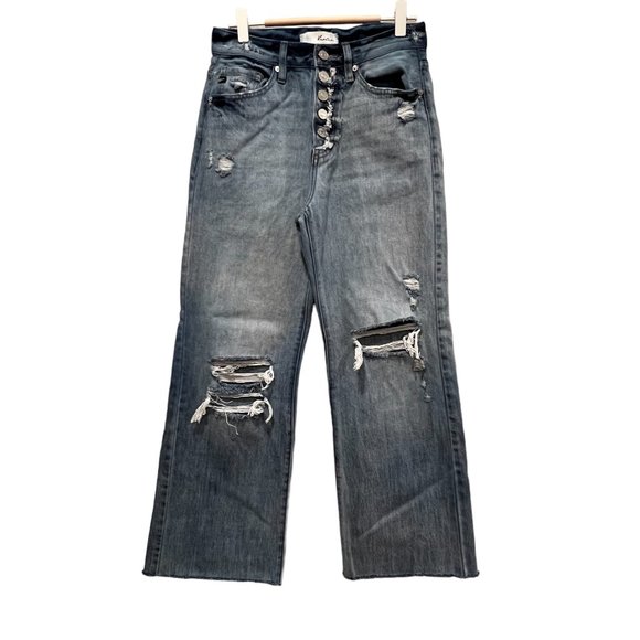KanCan Women's Button Fly High Rise Wide Jeans, Light Wash, Frayed Hem, 24 - Picture 1 of 8